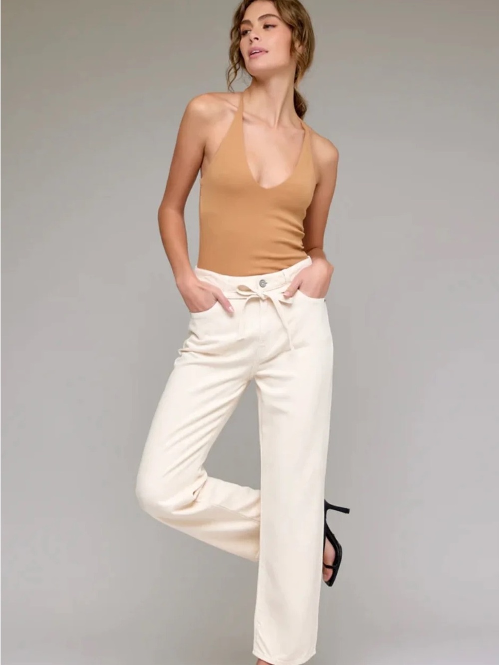 HIDDEN High-Rise Cream Straight-Leg Tie-Waist Pants
